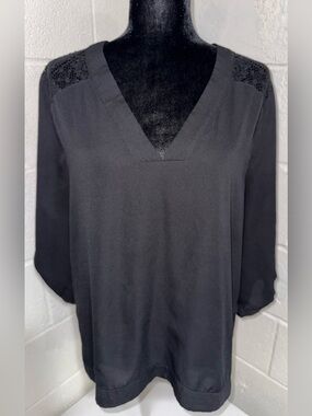 Express Black V Neck Crochet Lace Sheer Yoke Back Chiffon Blouse Top L